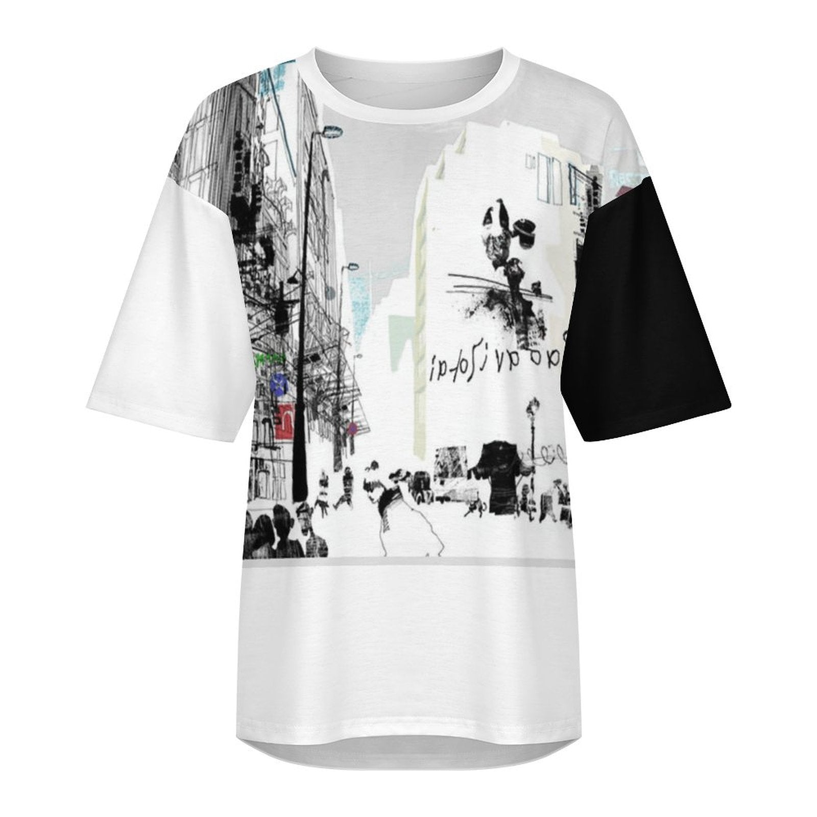 ZWX - Graphic Print Black+White Women's Drop-Shoulder Mid-Sleeve T-Shirt