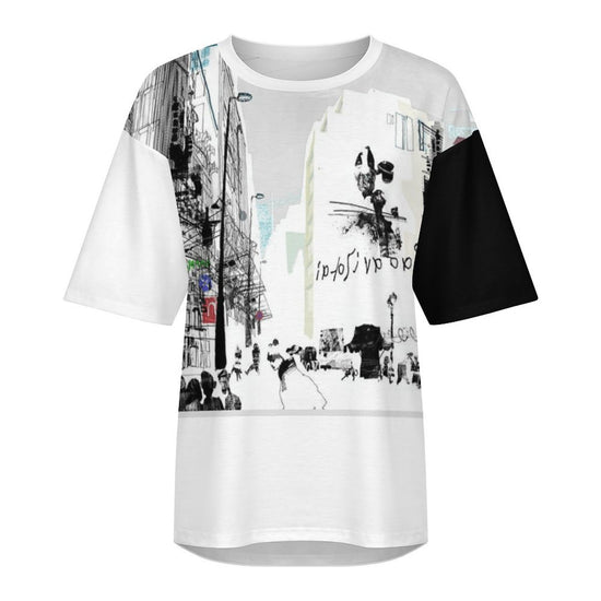 ZWX - Graphic Print Black+White Women's Drop-Shoulder Mid-Sleeve T-Shirt