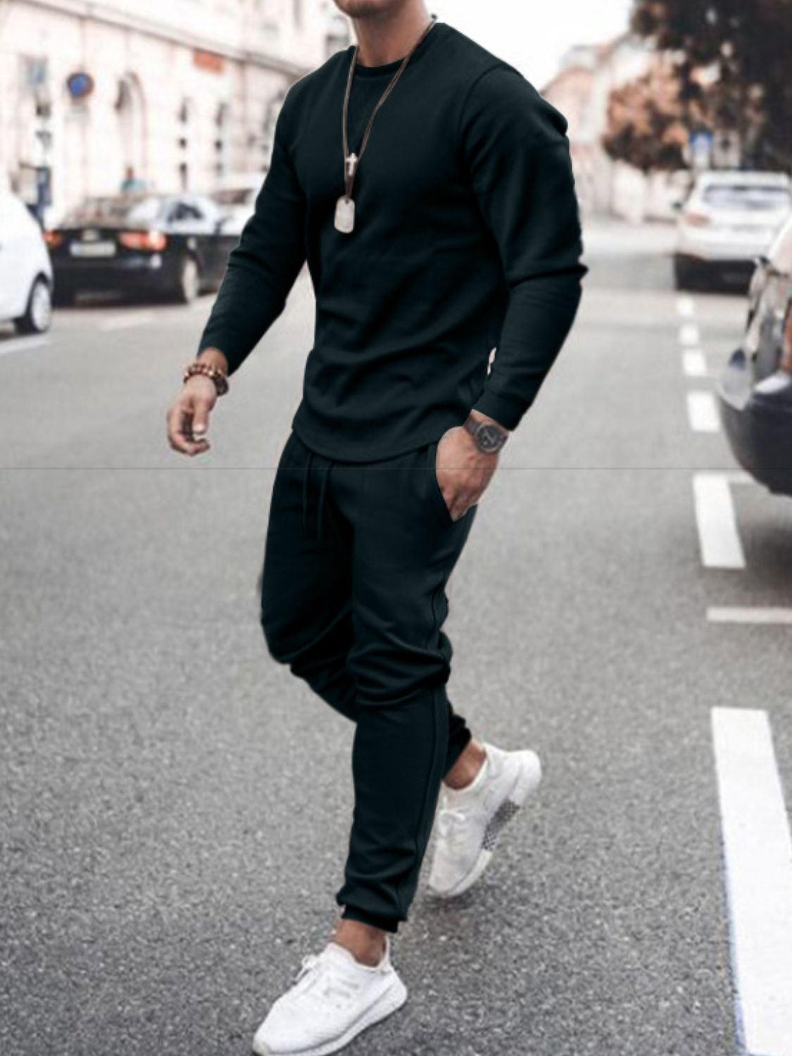 Men's Full Size Round Neck Long Sleeve Top and Pants Set - Plus Size