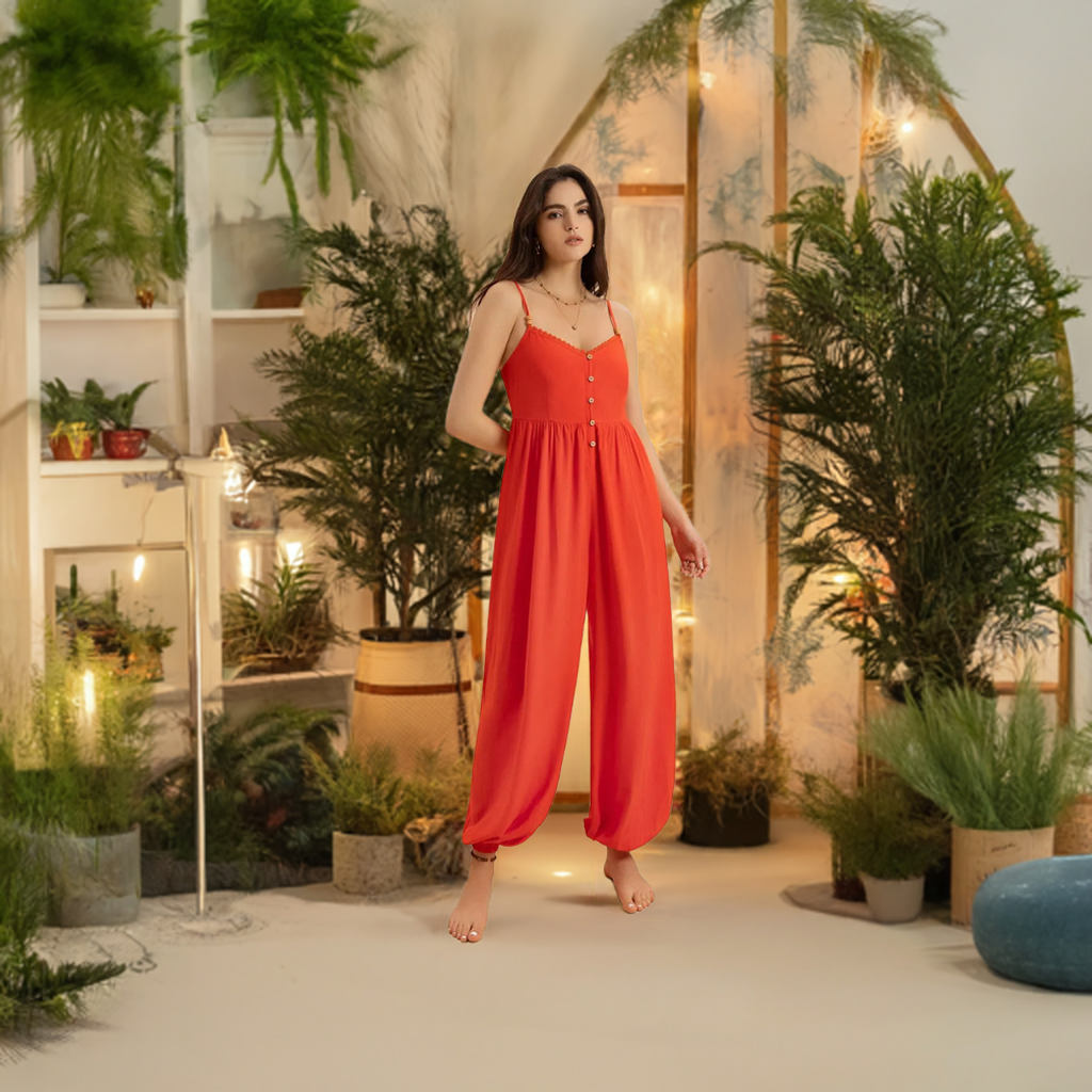 This vibrant orange V-neck jumpsuit is the perfect addition to your summer and spring wardrobe. Its spaghetti straps and lightweight fabric make it ideal for trips and traveling, whether on vacation or just running errands.