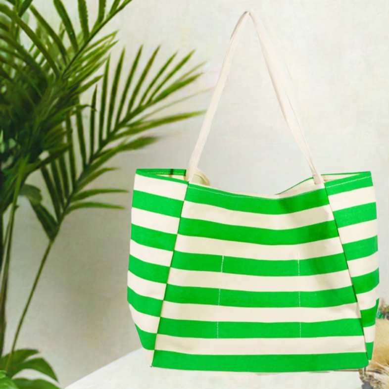 A bright color stripe tote bag is a vibrant and eye-catching accessory featuring colorful stripes. 