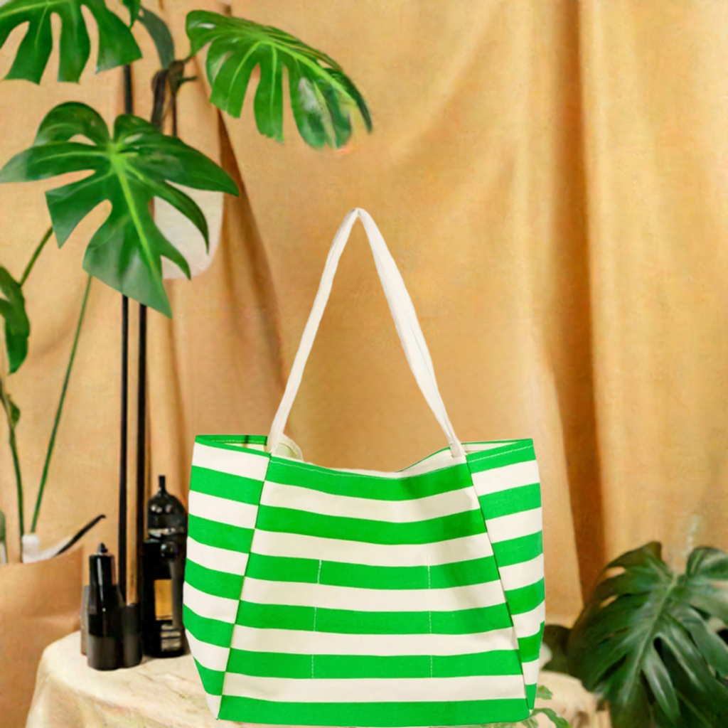 A bright color stripe tote bag is a vibrant and eye-catching accessory featuring colorful stripes. 
