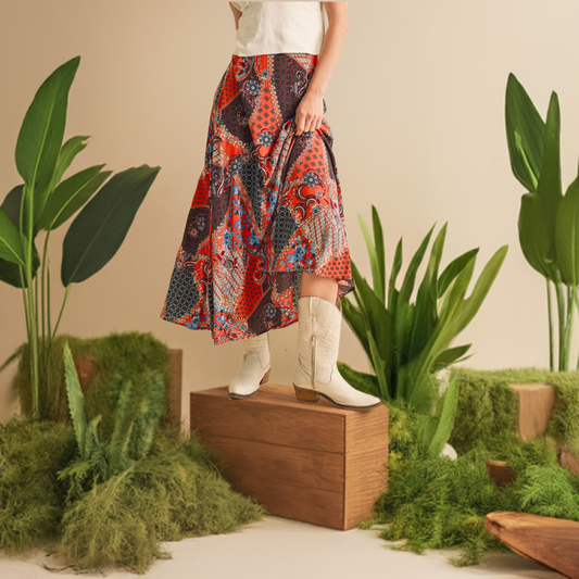 Aemi + Co Printed Multicolor Patchwork Maxi Skirt - Orange/Black