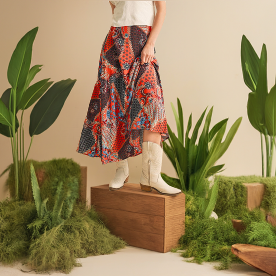 Aemi + Co Printed Multicolor Patchwork Maxi Skirt - Orange/Black