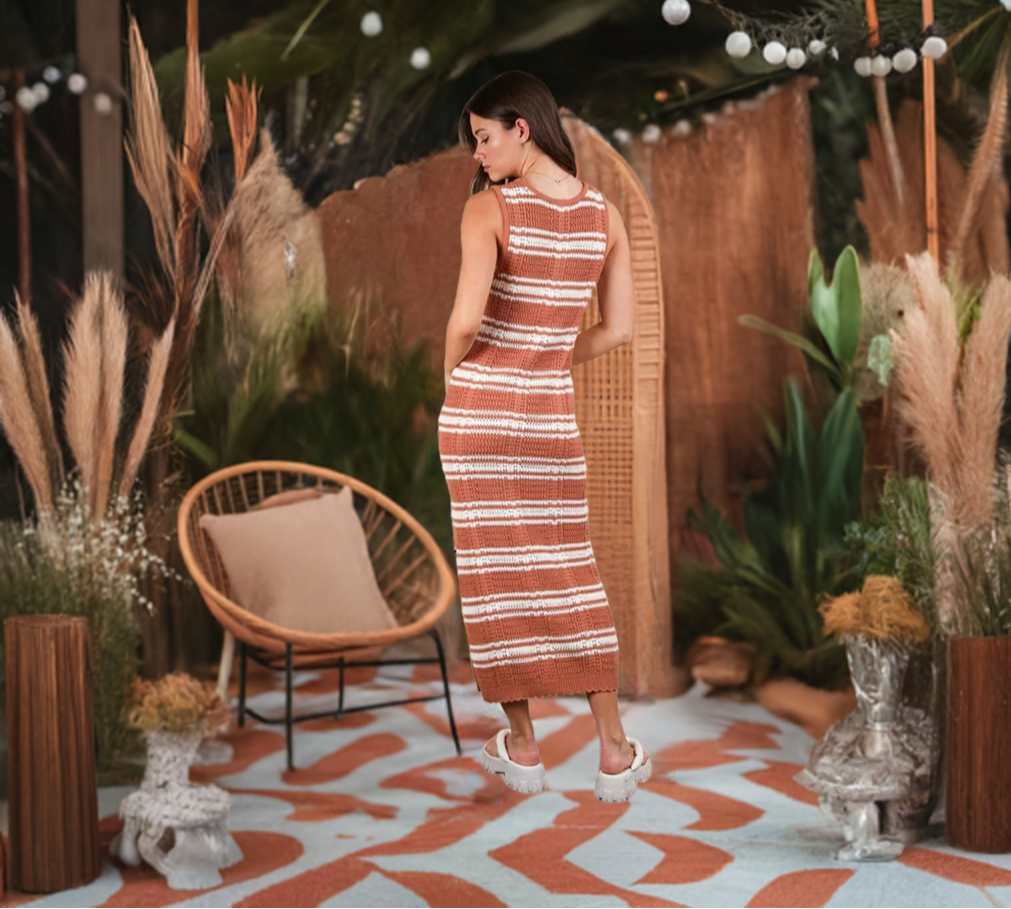 The Stripe Knit Casual Sweater Midi Dress is a cozy and stylish option for a laid-back and chic look. 