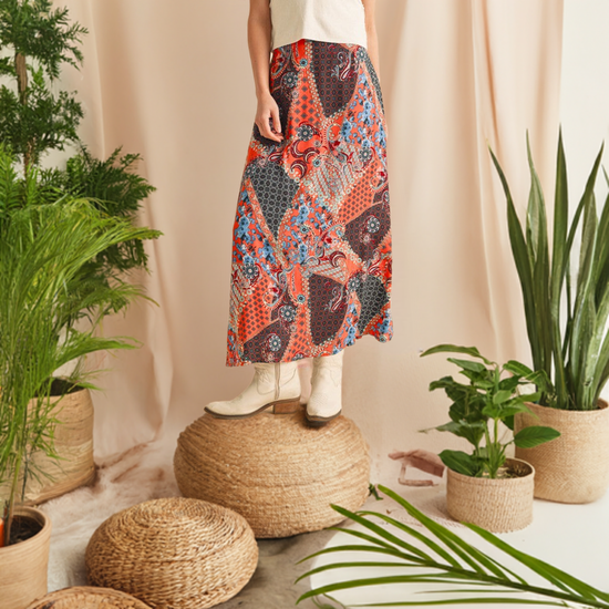 Aemi + Co Printed Multicolor Patchwork Maxi Skirt - Orange/Black