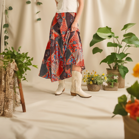 Aemi + Co Printed Multicolor Patchwork Maxi Skirt - Orange/Black