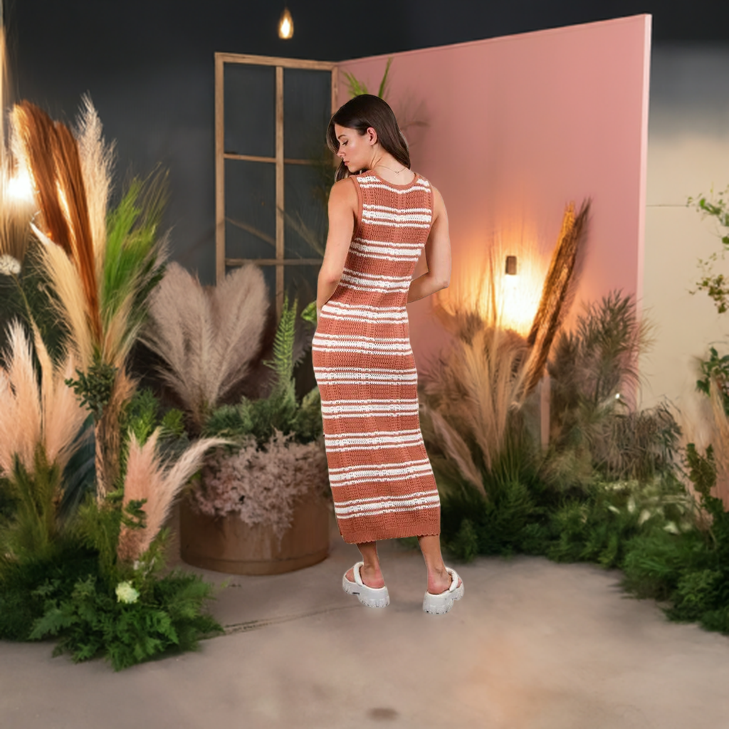 The Stripe Knit Casual Sweater Midi Dress is a cozy and stylish option for a laid-back and chic look. 