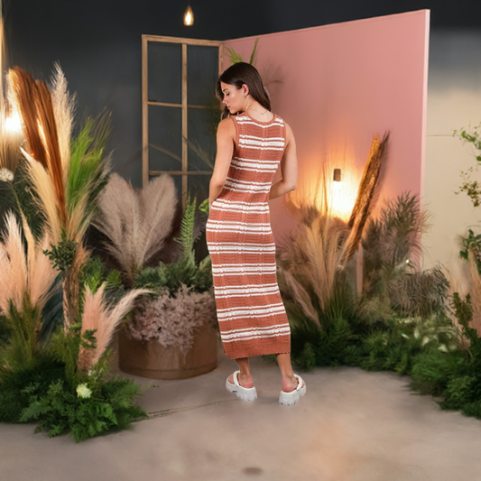 The Stripe Knit Casual Sweater Midi Dress is a cozy and stylish option for a laid-back and chic look. 