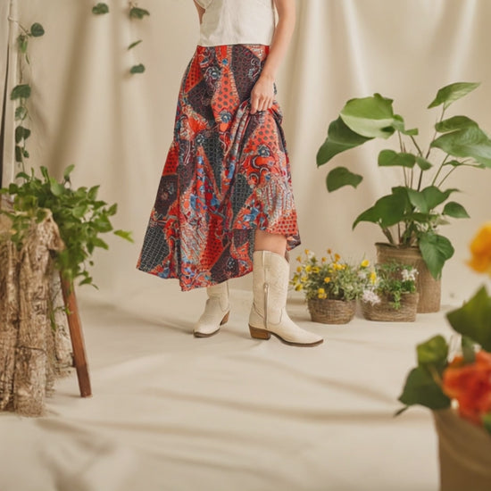 Aemi + Co Printed Multicolor Patchwork Maxi Skirt - Orange/Black