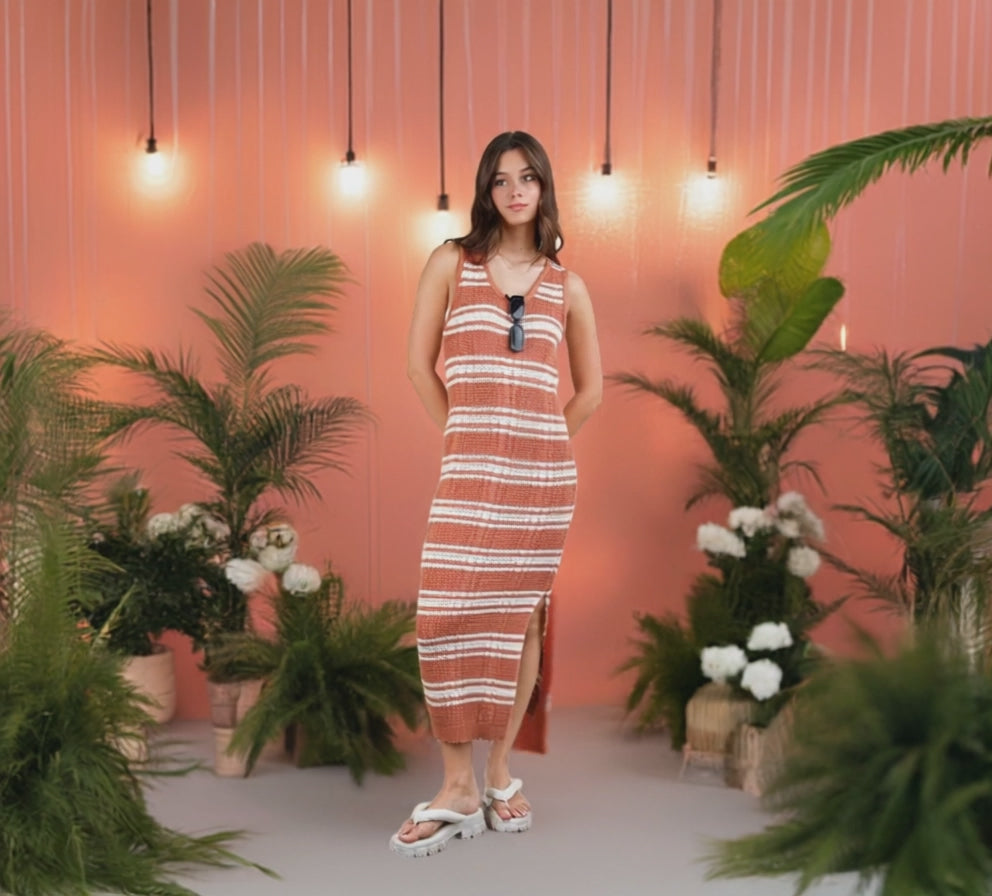 The Stripe Knit Casual Sweater Midi Dress is a cozy and stylish option for a laid-back and chic look.