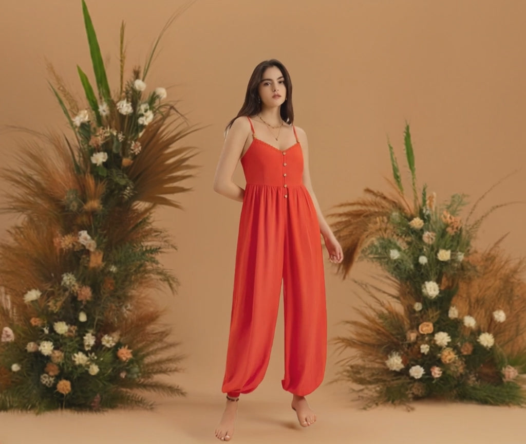 Womens Orange V-Neck Spaghetti Strap Jumpsuit. This vibrant orange V-neck jumpsuit is the perfect addition to your summer and spring wardrobe. 